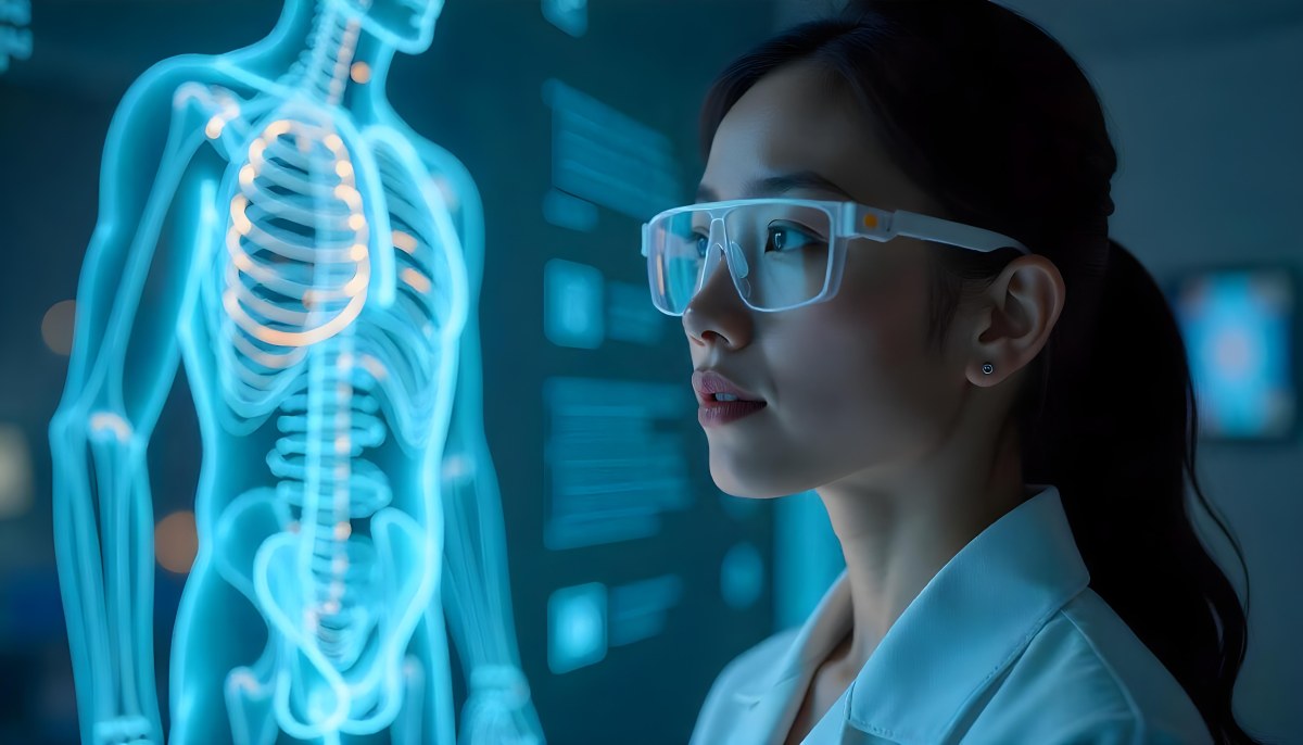 An Asian Woman 28 Years Old Black Hair Wearing Futuristic Glasses Looking At A Hologram With A Human Body Dna And Brain In A Laboratory 8 9d6d