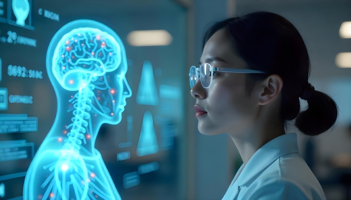 An Asian Woman 28 Years Old Black Hair Wearing Futuristic Glasses Looking At A Hologram With A Human Body Dna And Brain In A Laboratory 9 71d3