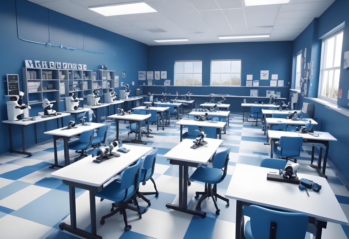 Classroom With Rows Of Blue And White Desks Each Equipped With A Microscope Arranged Neatly In A Bright Modern Classroom With Blue Walls And Tiled Flooring 12 B705