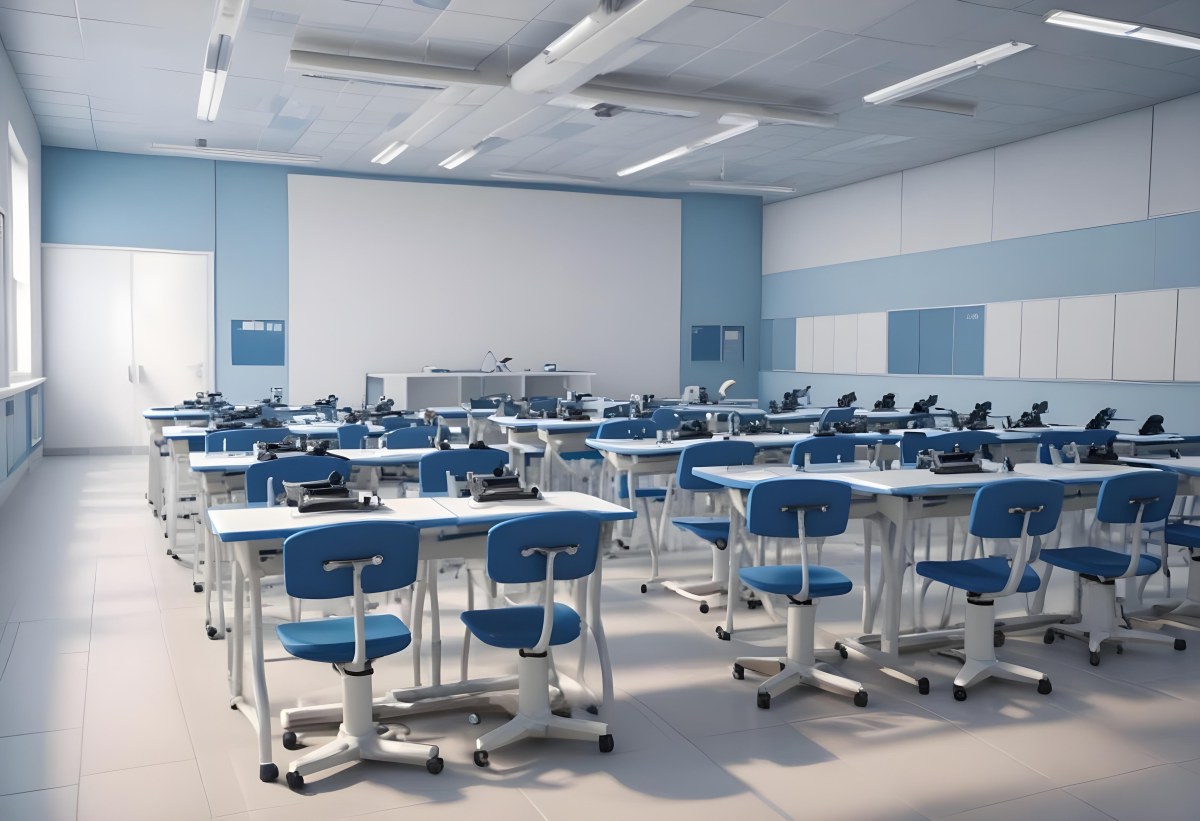 Classroom With Rows Of Blue And White Desks Each Equipped With A Microscope Arranged Neatly In A Bright Modern Classroom With Blue Walls And Tiled Flooring 18 B4fd