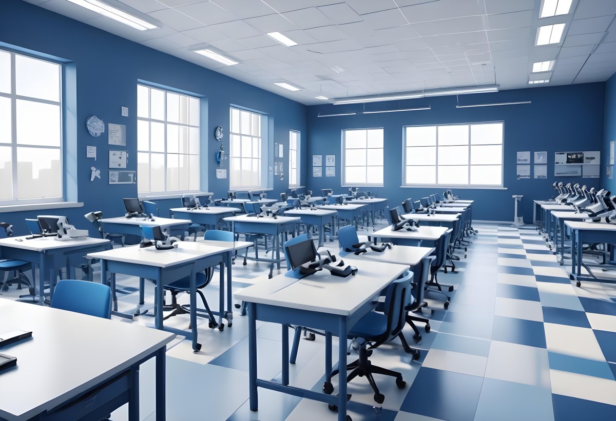 Classroom With Rows Of Blue And White Desks Each Equipped With A Microscope Arranged Neatly In A Bright Modern Classroom With Blue Walls And Tiled Flooring 21 C69d
