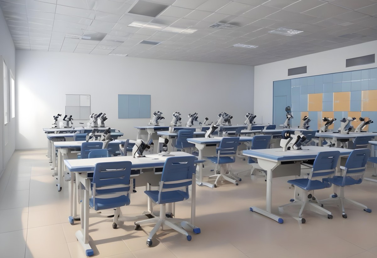 Classroom With Rows Of Blue And White Desks Each Equipped With A Microscope Arranged Neatly In A Bright Modern Classroom With Blue Walls And Tiled Flooring 28 8581