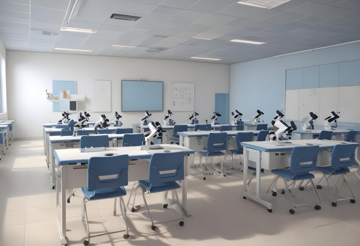 Classroom With Rows Of Blue And White Desks Each Equipped With A Microscope Arranged Neatly In A Bright Modern Classroom With Blue Walls And Tiled Flooring 30 0fc4