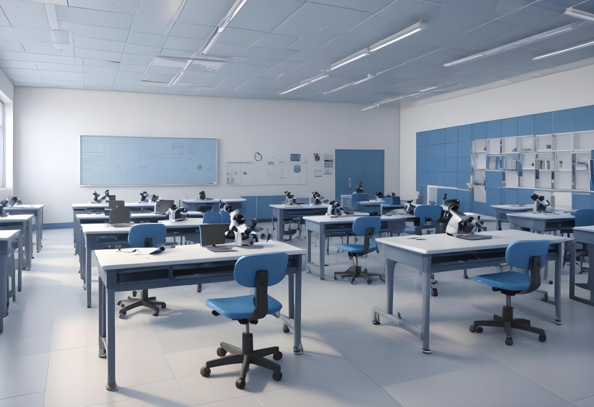 Classroom With Rows Of Blue And White Desks Each Equipped With A Microscope Arranged Neatly In A Bright Modern Classroom With Blue Walls And Tiled Flooring 31 64ac