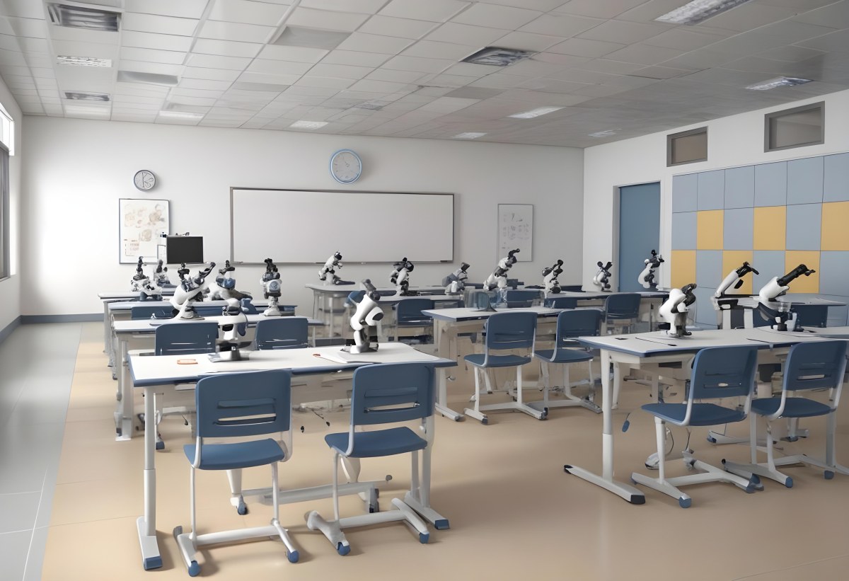 Classroom With Rows Of Blue And White Desks Each Equipped With A Microscope Arranged Neatly In A Bright Modern Classroom With Blue Walls And Tiled Flooring 32 98b2