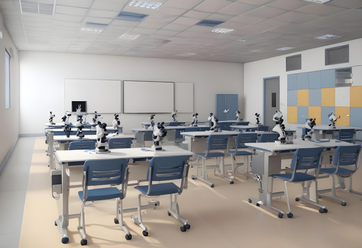 Classroom With Rows Of Blue And White Desks Each Equipped With A Microscope Arranged Neatly In A Bright Modern Classroom With Blue Walls And Tiled Flooring 33 7055
