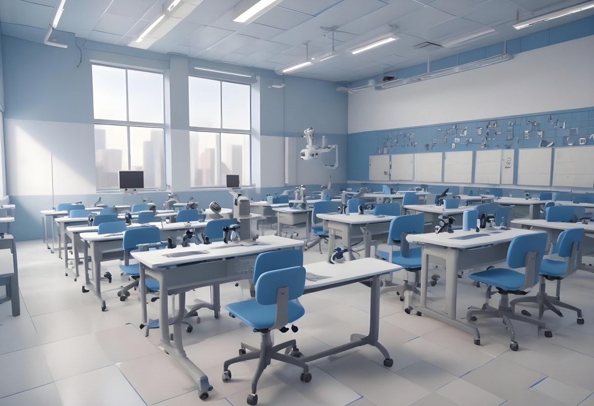 Classroom With Rows Of Blue And White Desks Each Equipped With A Microscope Arranged Neatly In A Bright Modern Classroom With Blue Walls And Tiled Flooring 34 37aa