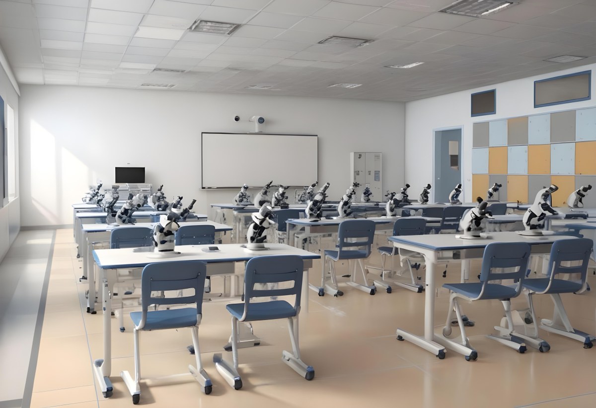 Classroom With Rows Of Blue And White Desks Each Equipped With A Microscope Arranged Neatly In A Bright Modern Classroom With Blue Walls And Tiled Flooring 35 38f9