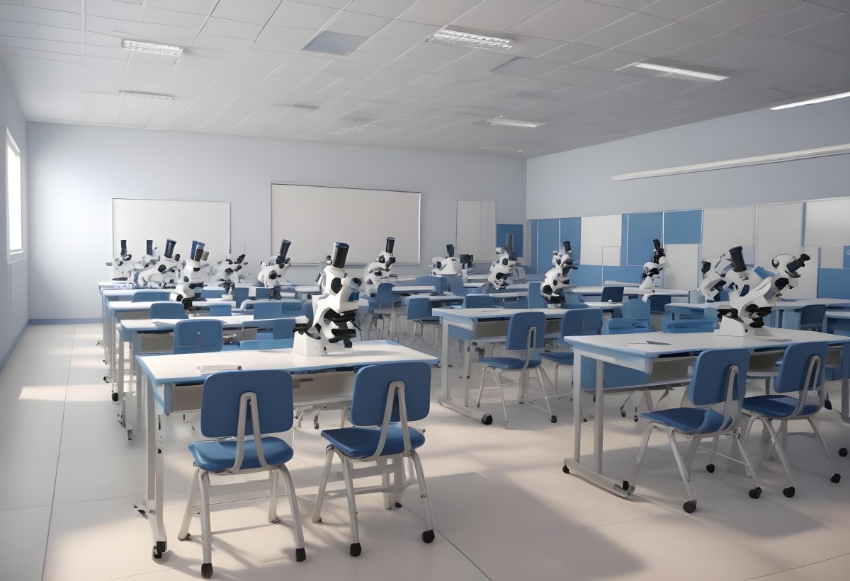Classroom With Rows Of Blue And White Desks Each Equipped With A Microscope Arranged Neatly In A Bright Modern Classroom With Blue Walls And Tiled Flooring 36 8dc5