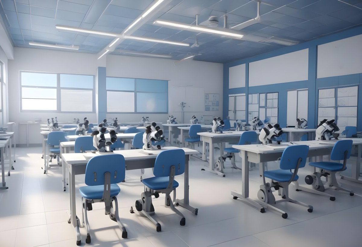 Classroom With Rows Of Blue And White Desks Each Equipped With A Microscope Arranged Neatly In A Bright Modern Classroom With Blue Walls And Tiled Flooring 4 F0d6