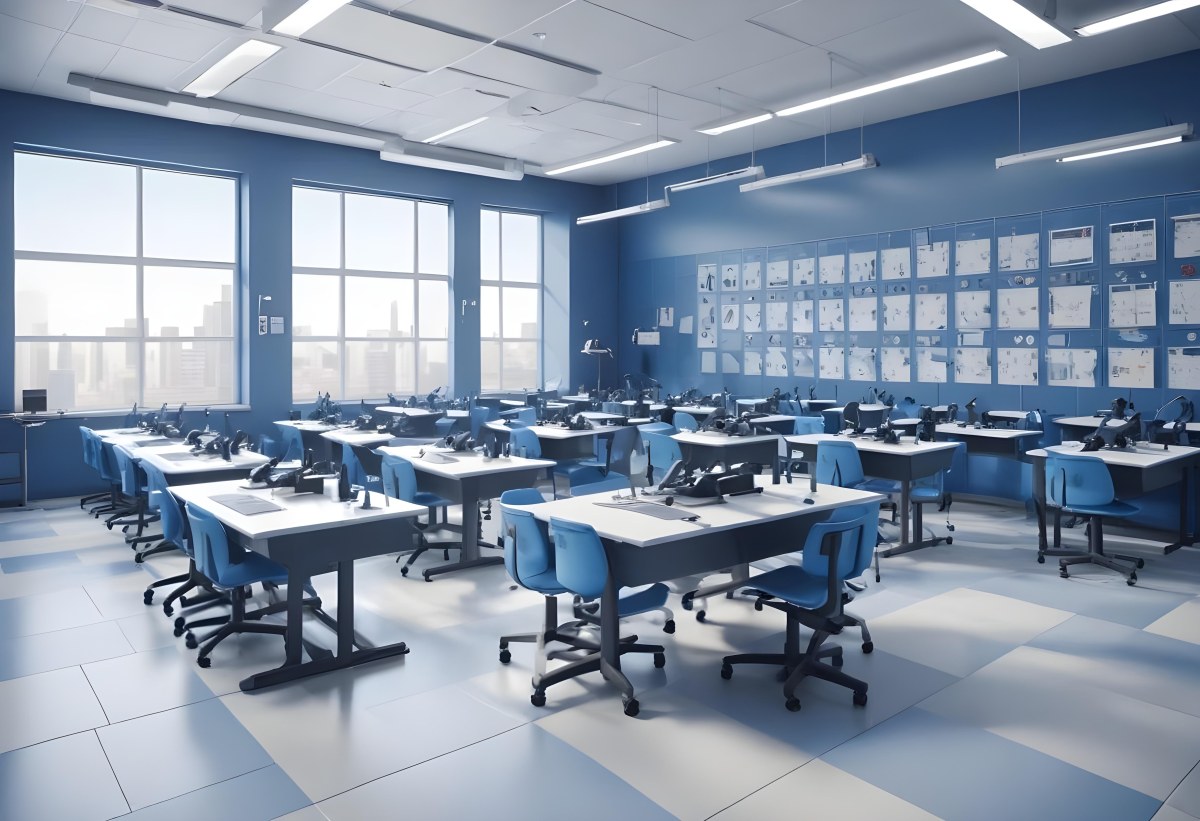 Classroom With Rows Of Blue And White Desks Each Equipped With A Microscope Arranged Neatly In A Bright Modern Classroom With Blue Walls And Tiled Flooring 5 3740