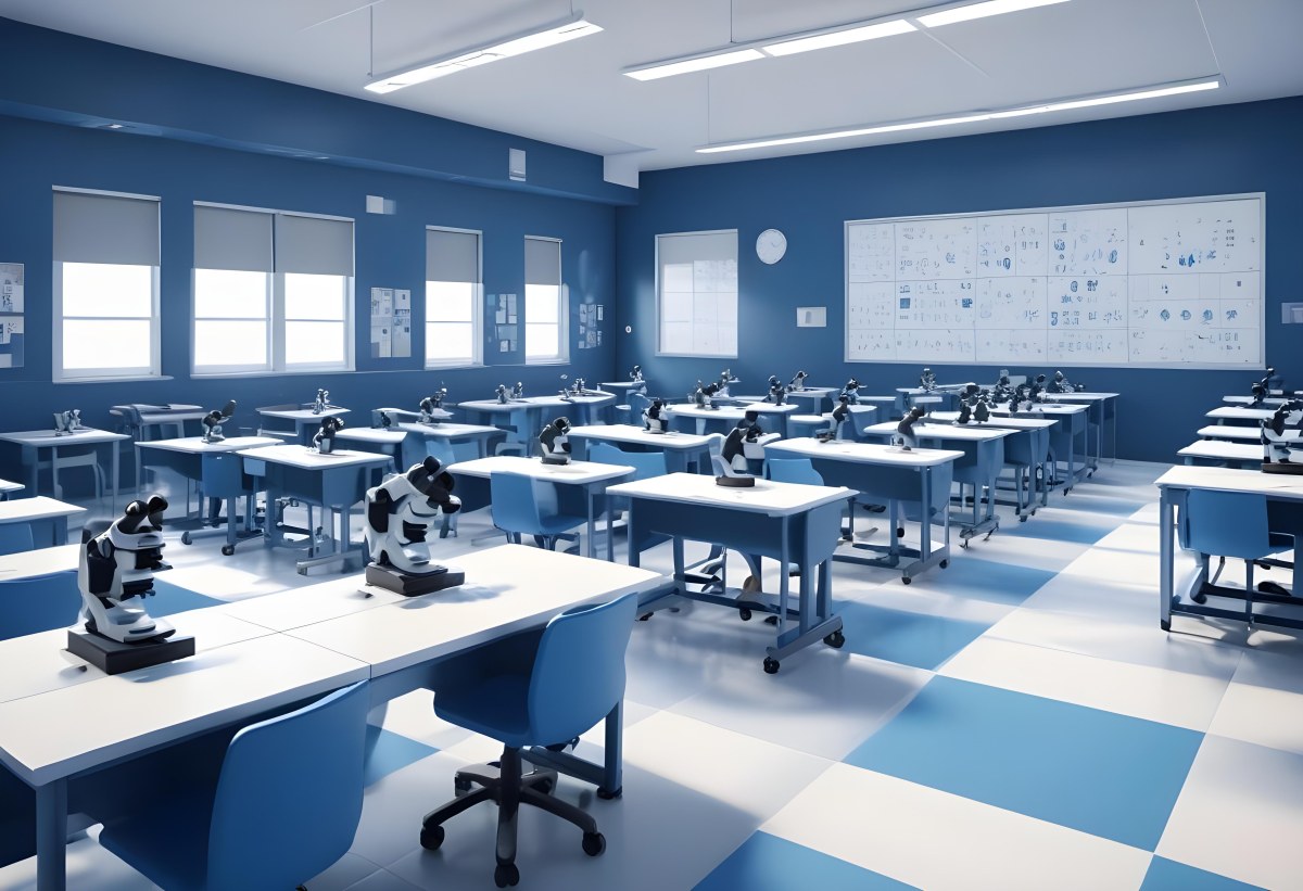Classroom With Rows Of Blue And White Desks Each Equipped With A Microscope Arranged Neatly In A Bright Modern Classroom With Blue Walls And Tiled Flooring 6 7a34