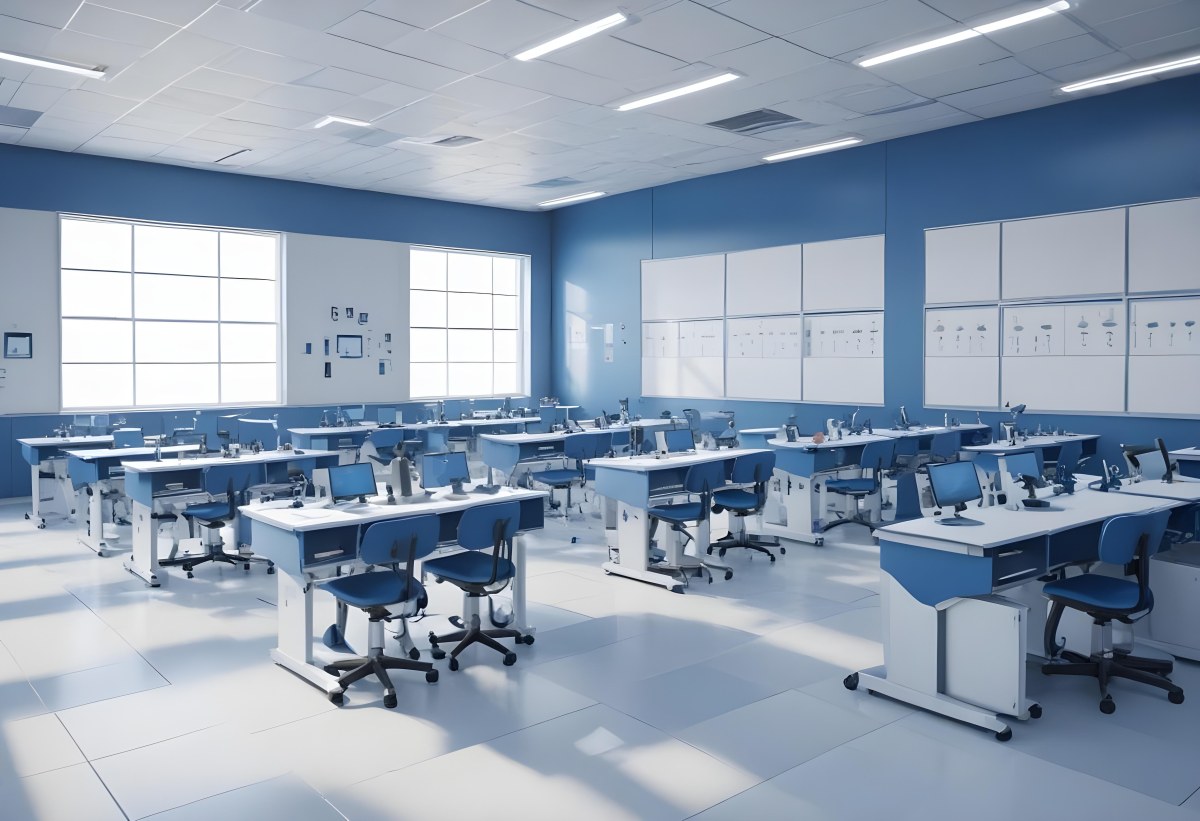 Classroom With Rows Of Blue And White Desks Each Equipped With A Microscope Arranged Neatly In A Bright Modern Classroom With Blue Walls And Tiled Flooring 7 73a1