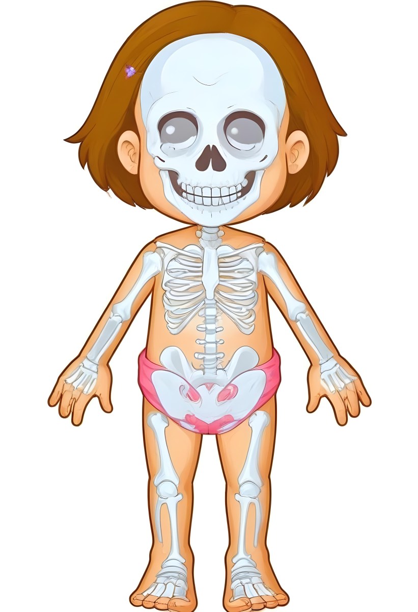 Digital Painting A Cartoon Character With A Skeleton Design Featuring A Smiling Skull For A Head And A Childlike Body The Character Has Brown Hair And Is Depicted With A Light Skin Tone The Skeleton Is Prominently Dis 17 0d94