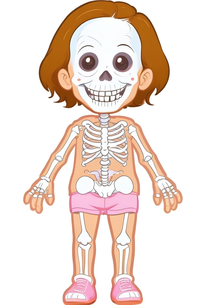 Digital Painting A Cartoon Character With A Skeleton Design Featuring A Smiling Skull For A Head And A Childlike Body The Character Has Brown Hair And Is Depicted With A Light Skin Tone The Skeleton Is Prominently Dis 24 F649