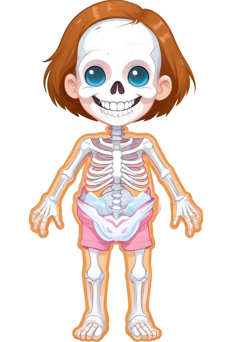 Digital Painting A Cartoon Character With A Skeleton Design Featuring A Smiling Skull For A Head And A Childlike Body The Character Has Brown Hair And Is Depicted With A Light Skin Tone The Skeleton Is Prominently Dis 35 5c16