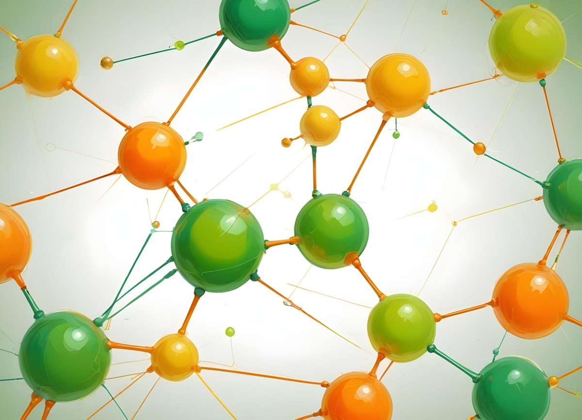 Digital Painting Abstract Molecular Structure With Green And Orange Spheres Connected By Yellow Lines Creating A Network Pattern Against A Bright Background Bold And Slim Lines Brush Strokes 12 2585