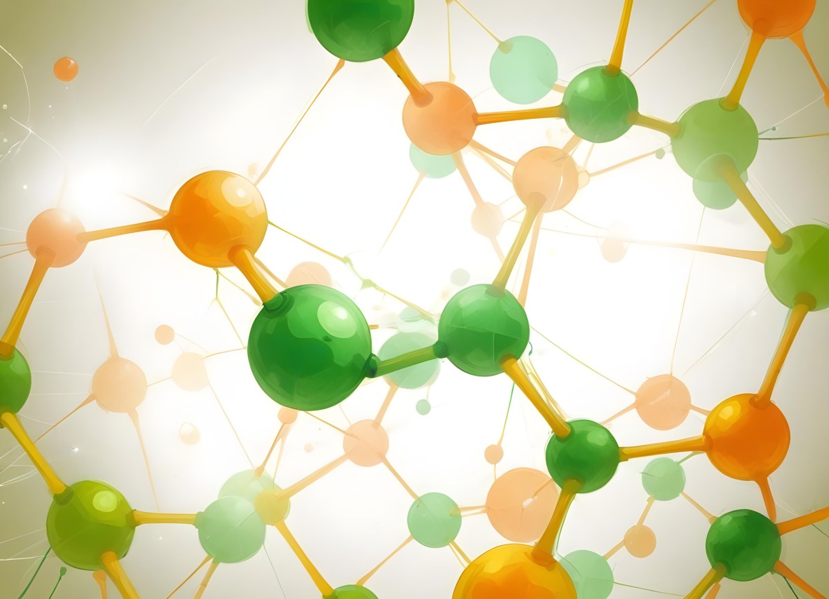 Digital Painting Abstract Molecular Structure With Green And Orange Spheres Connected By Yellow Lines Creating A Network Pattern Against A Bright Background Bold And Slim Lines Brush Strokes 18 E54f