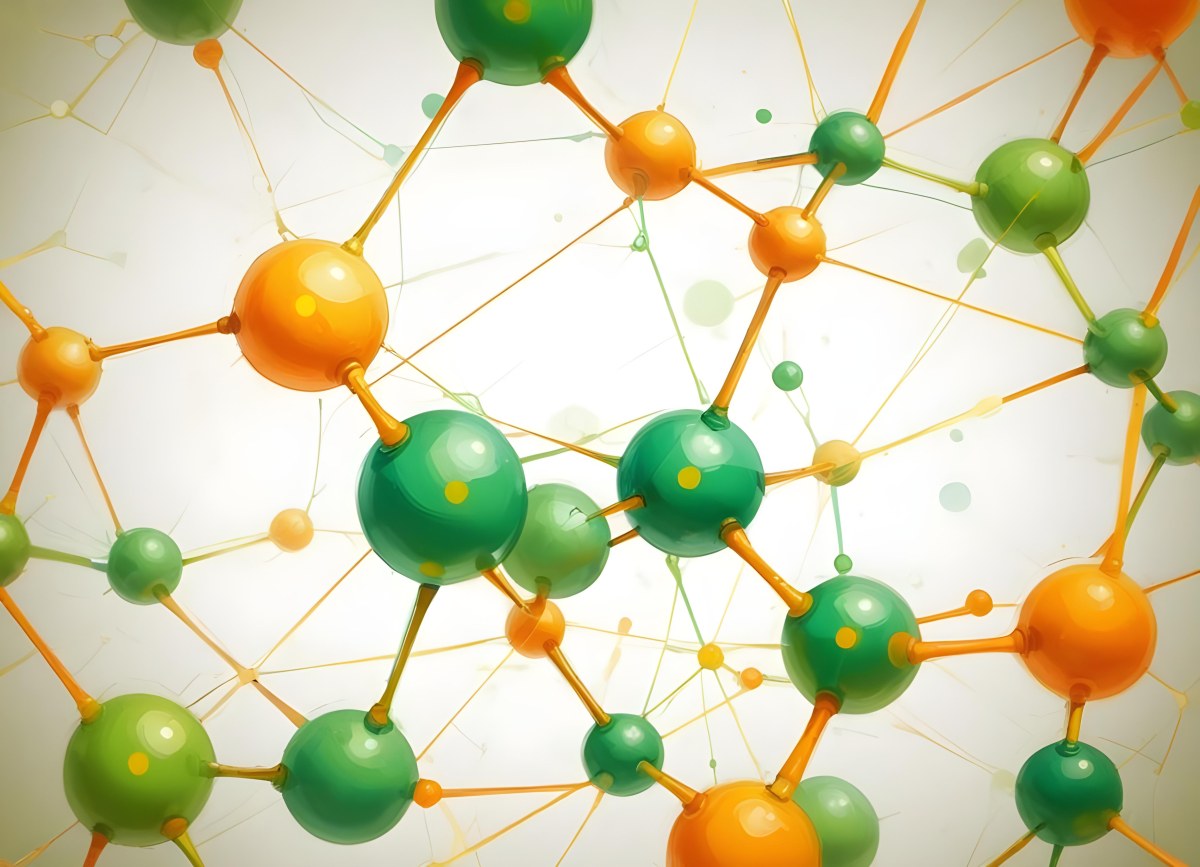 Digital Painting Abstract Molecular Structure With Green And Orange Spheres Connected By Yellow Lines Creating A Network Pattern Against A Bright Background Bold And Slim Lines Brush Strokes 21 06c0