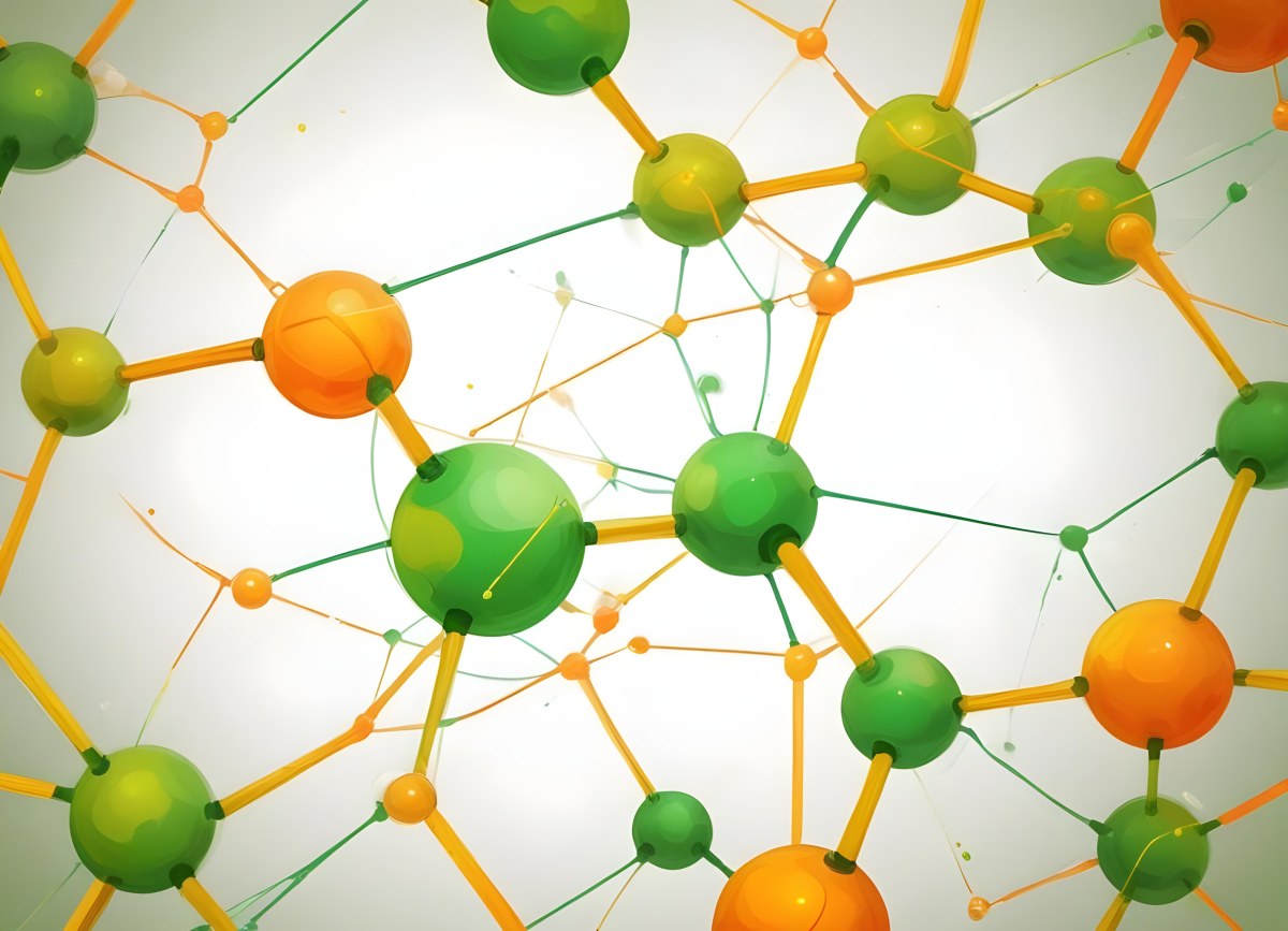 Digital Painting Abstract Molecular Structure With Green And Orange Spheres Connected By Yellow Lines Creating A Network Pattern Against A Bright Background Bold And Slim Lines Brush Strokes 26 5b3f