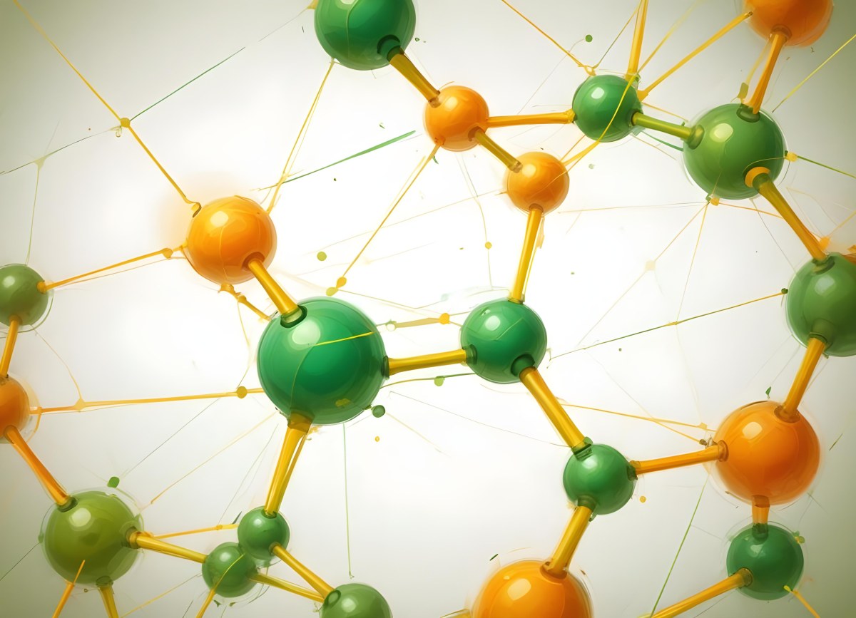 Digital Painting Abstract Molecular Structure With Green And Orange Spheres Connected By Yellow Lines Creating A Network Pattern Against A Bright Background Bold And Slim Lines Brush Strokes 43 Fa28