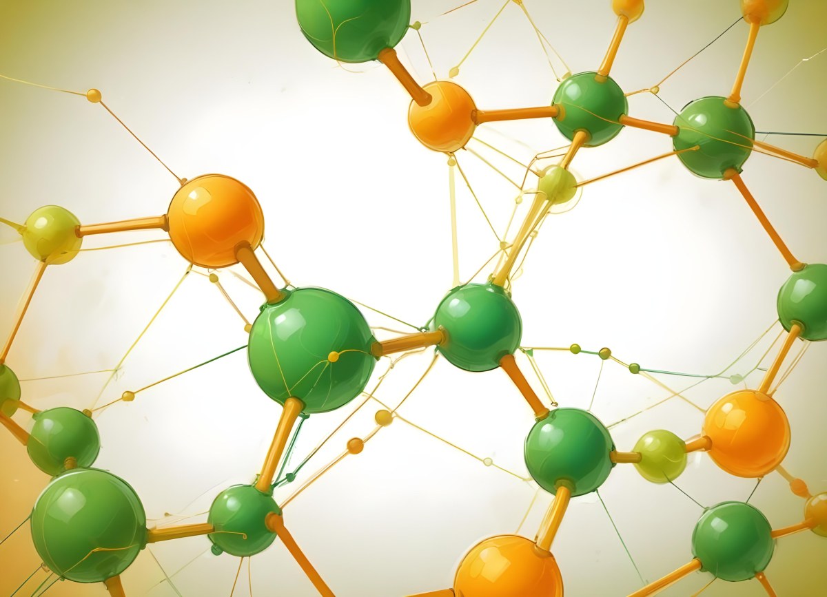 Digital Painting Abstract Molecular Structure With Green And Orange Spheres Connected By Yellow Lines Creating A Network Pattern Against A Bright Background Bold And Slim Lines Brush Strokes 44 Ec6d