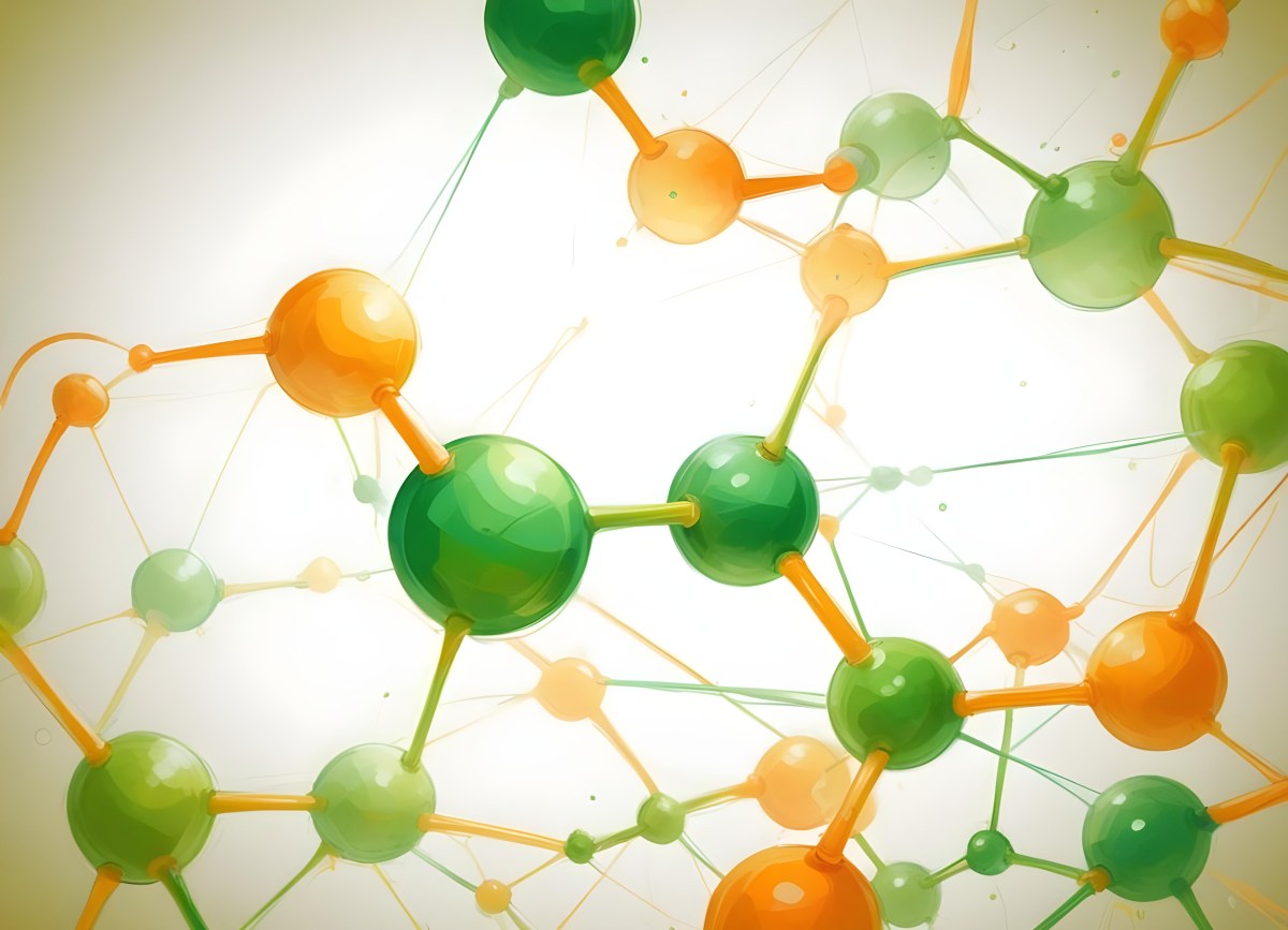 Digital Painting Abstract Molecular Structure With Green And Orange Spheres Connected By Yellow Lines Creating A Network Pattern Against A Bright Background Bold And Slim Lines Brush Strokes 45 49bb
