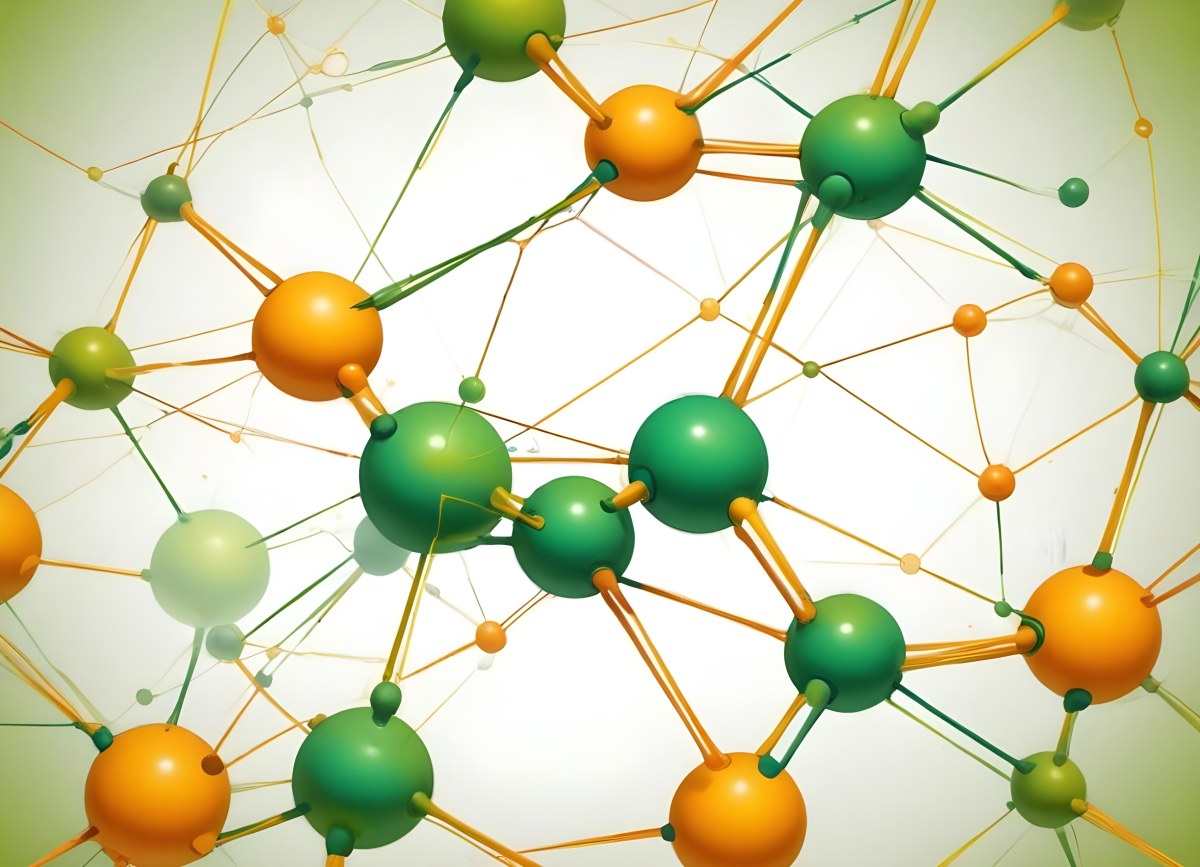 Digital Painting Abstract Molecular Structure With Green And Orange Spheres Connected By Yellow Lines Creating A Network Pattern Against A Bright Background Bold And Slim Lines Brush Strokes 48 9775