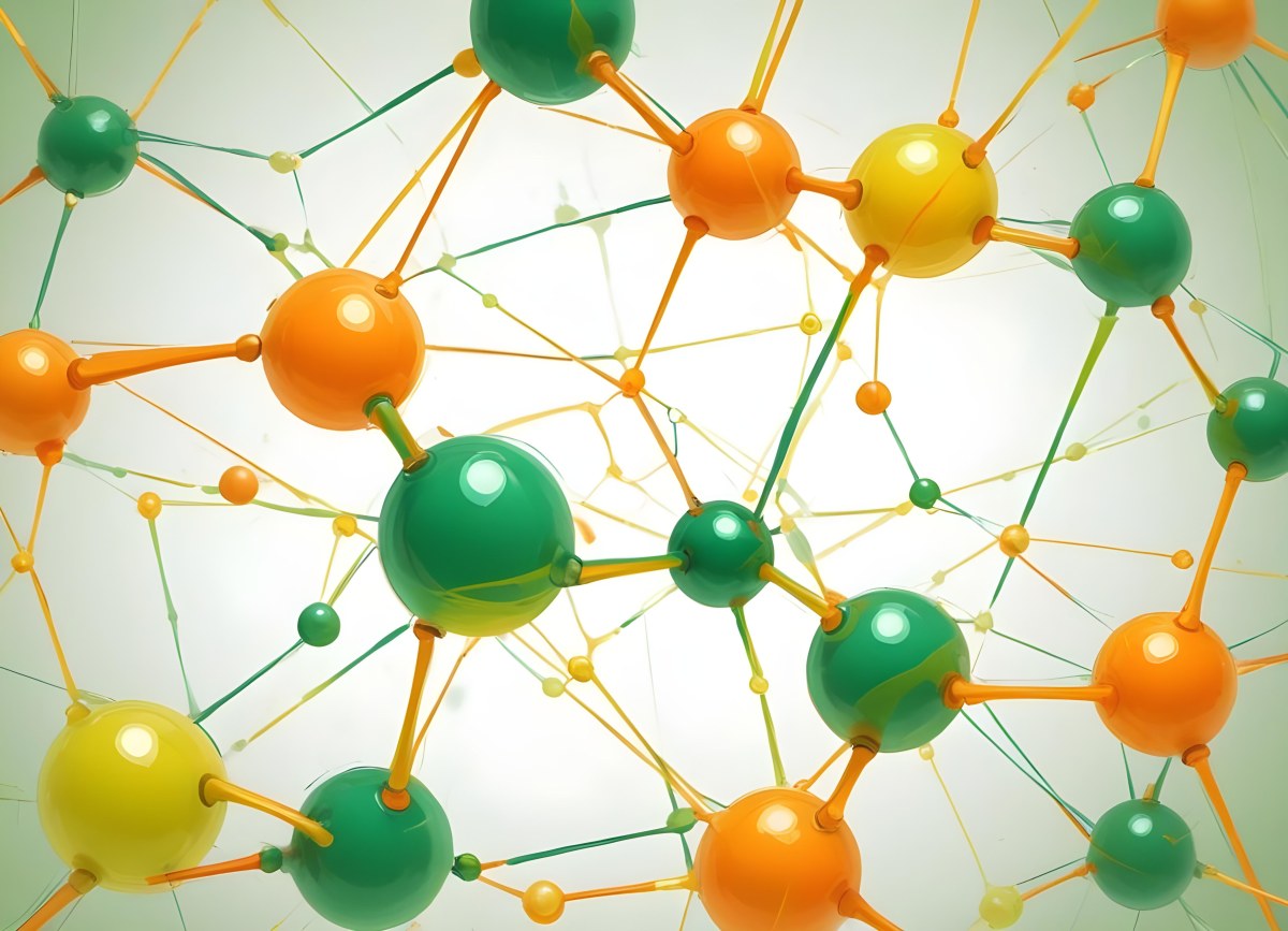Digital Painting Abstract Molecular Structure With Green And Orange Spheres Connected By Yellow Lines Creating A Network Pattern Against A Bright Background Bold And Slim Lines Brush Strokes 50 Fe8e