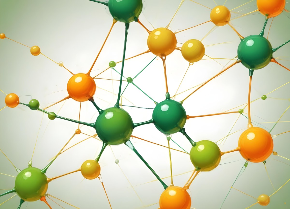Digital Painting Abstract Molecular Structure With Green And Orange Spheres Connected By Yellow Lines Creating A Network Pattern Against A Bright Background Bold And Slim Lines Brush Strokes 6 17b6