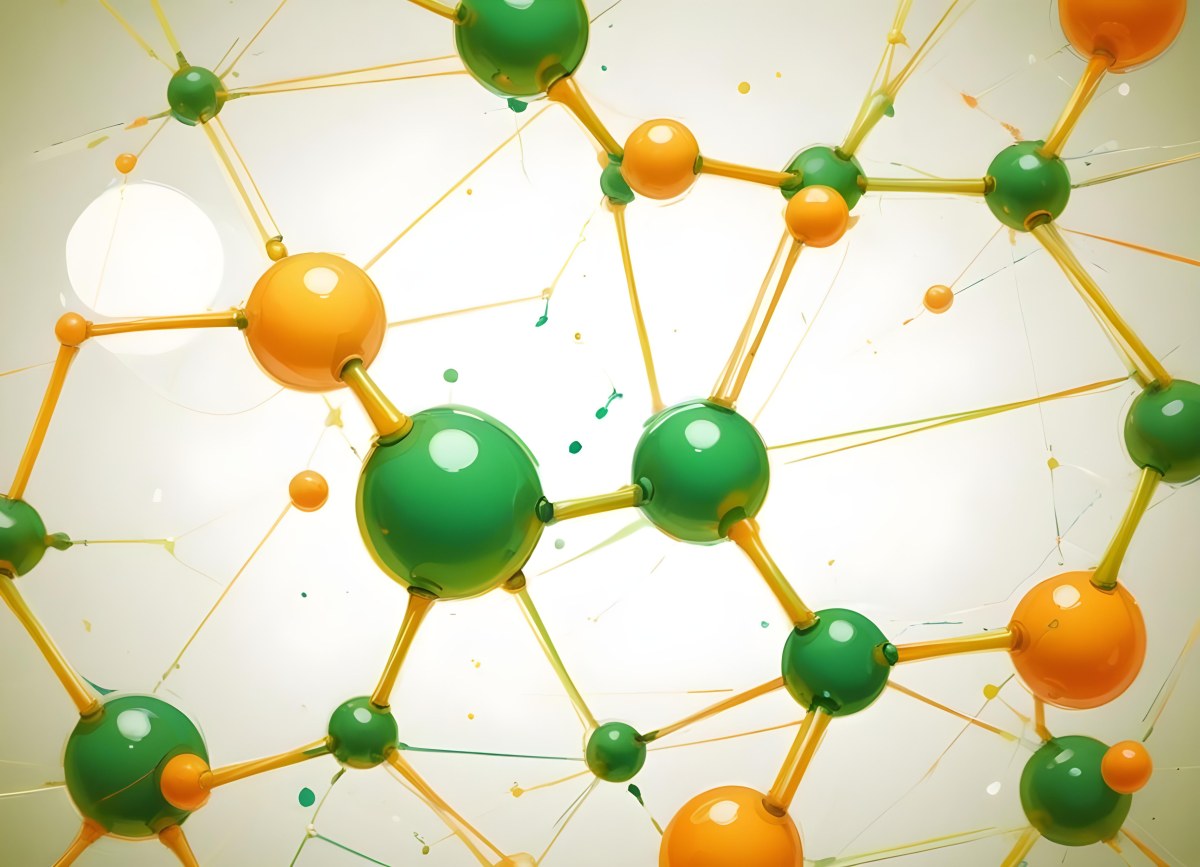 Digital Painting Abstract Molecular Structure With Green And Orange Spheres Connected By Yellow Lines Creating A Network Pattern Against A Bright Background Bold And Slim Lines Brush Strokes 7 2f8d