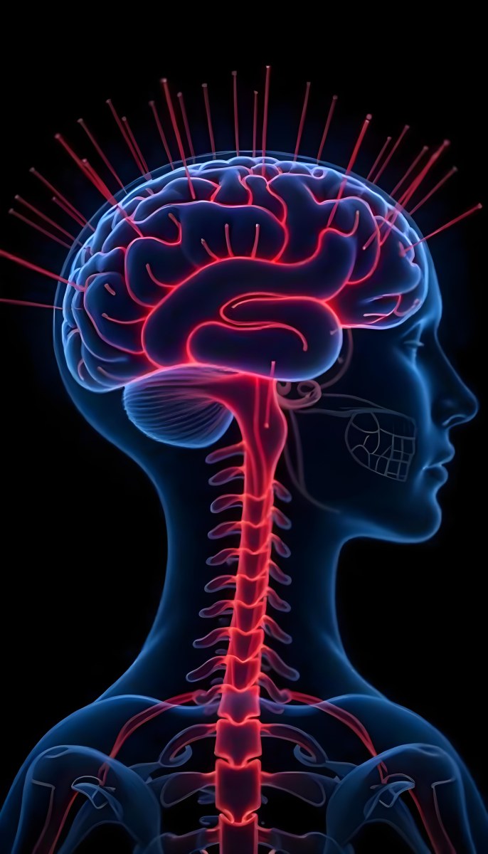 Human Head With Brain And Spinal Cord In Red And Blue Black Background 11 7504