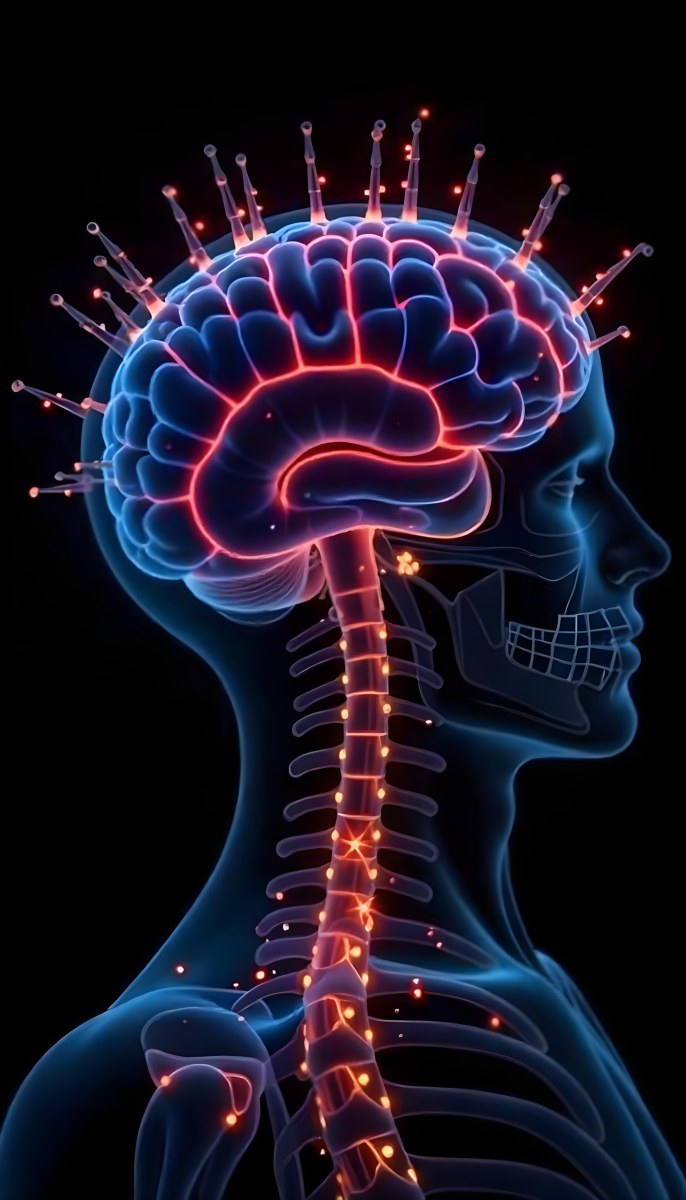 Human Head With Brain And Spinal Cord In Red And Blue Black Background 12 79bf