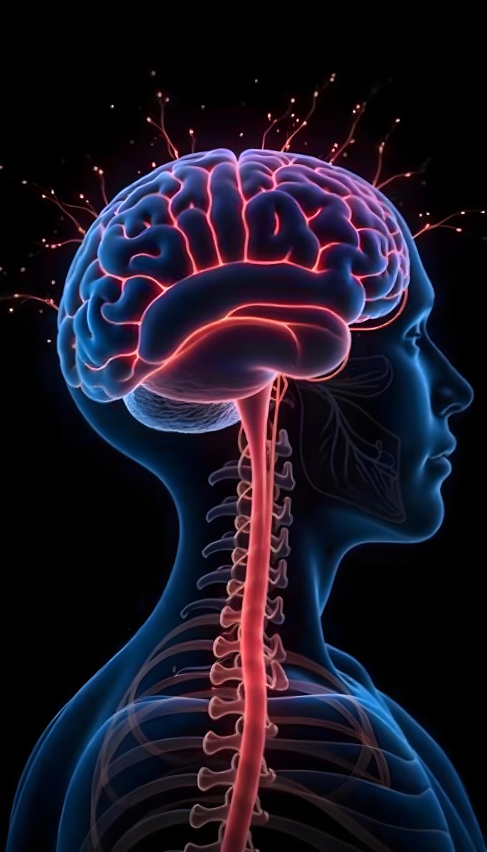 Human Head With Brain And Spinal Cord In Red And Blue Black Background 13 E1ac