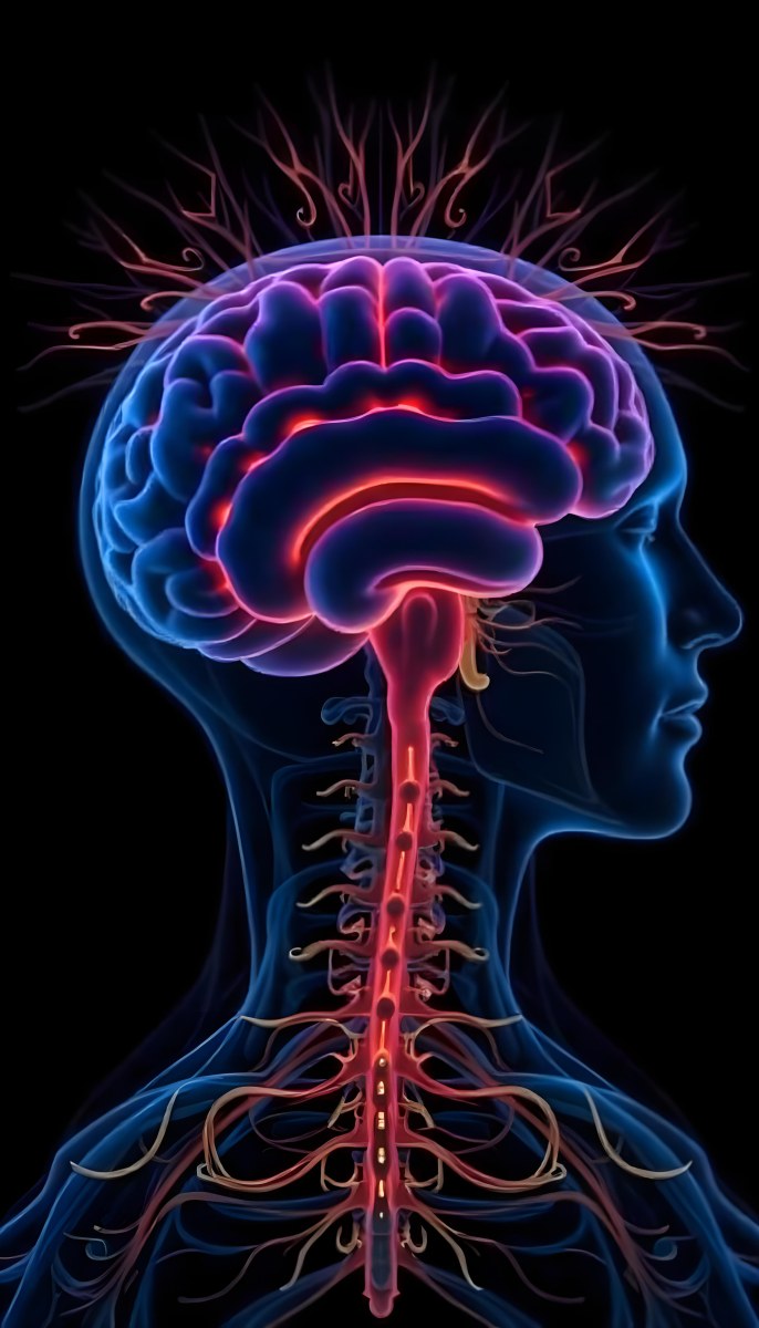 Human Head With Brain And Spinal Cord In Red And Blue Black Background 14 D212