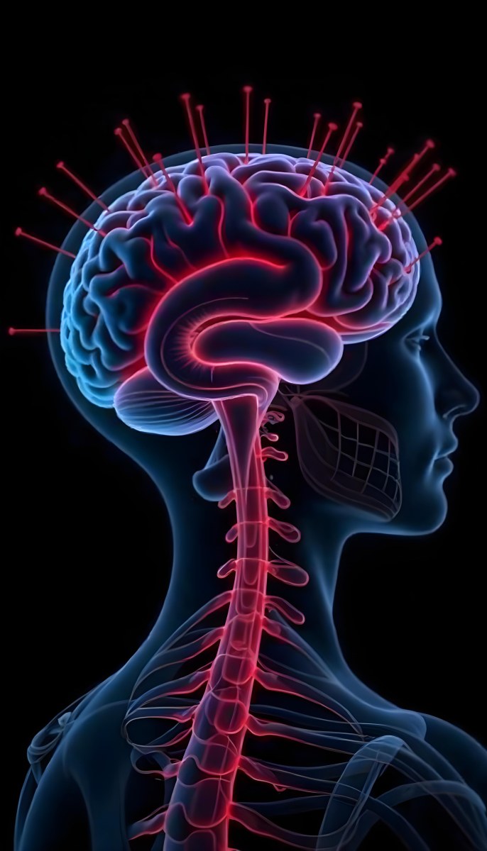 Human Head With Brain And Spinal Cord In Red And Blue Black Background 15 E76a