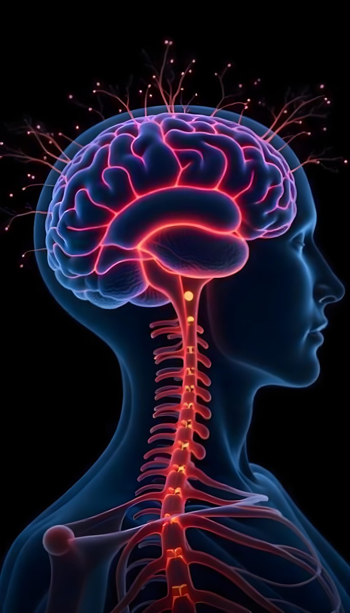 Human Head With Brain And Spinal Cord In Red And Blue Black Background 18 C12c
