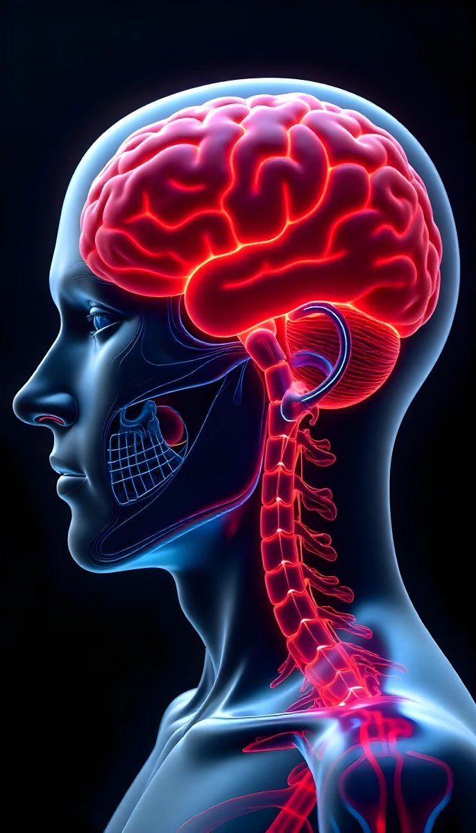 Human Head With Brain And Spinal Cord In Red And Blue Black Background 2 B989