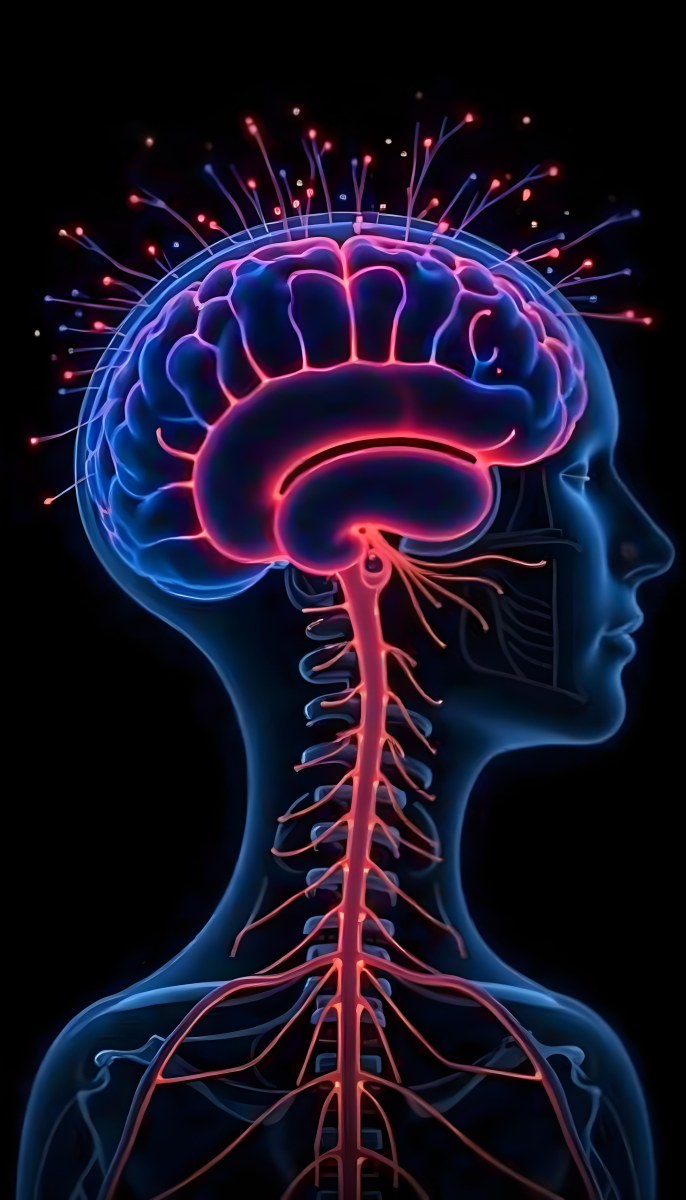Human Head With Brain And Spinal Cord In Red And Blue Black Background 20 B2ff