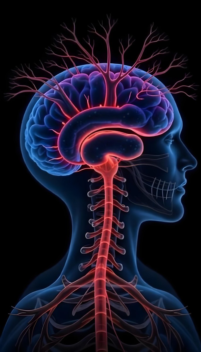 Human Head With Brain And Spinal Cord In Red And Blue Black Background 22 E121