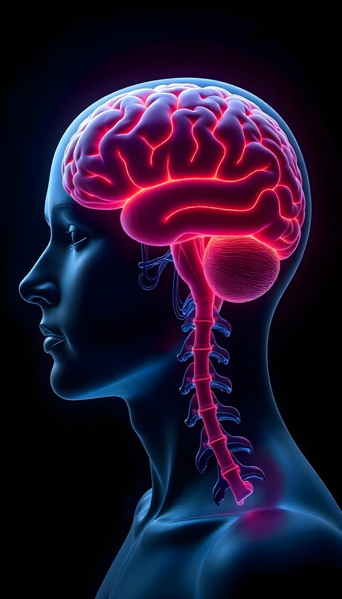 Human Head With Brain And Spinal Cord In Red And Blue Black Background 4 9484