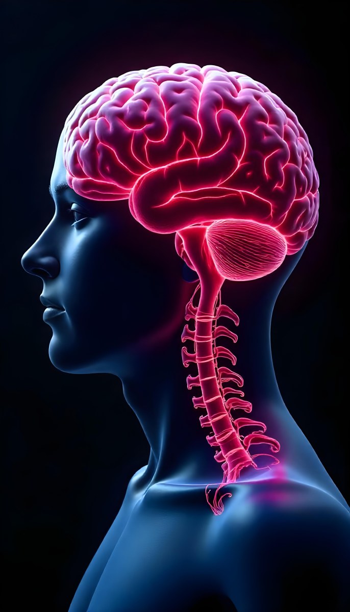 Human Head With Brain And Spinal Cord In Red And Blue Black Background 5 332d