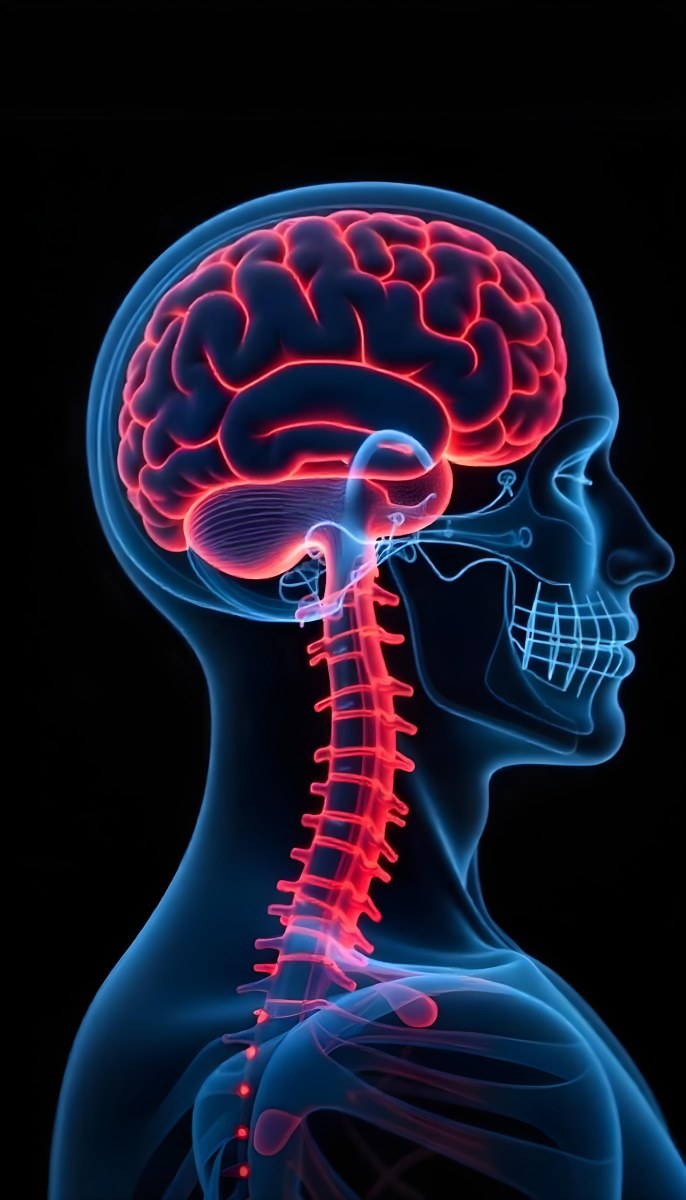 Human Head With Brain And Spinal Cord In Red And Blue Black Background 7 72d5