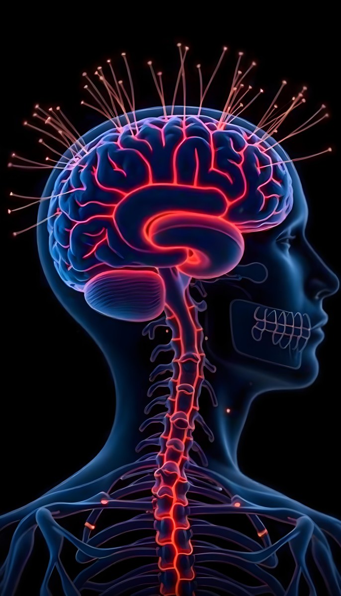 Human Head With Brain And Spinal Cord In Red And Blue Black Background 9 63ad