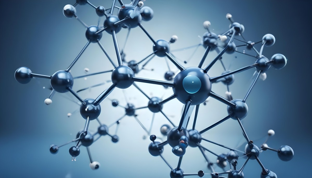 Molecular Structure With Interconnected Spheres And Rods Showcasing A Complex Network Of Atoms In A Scientific Or Technological Context Blue Background 12 99ae