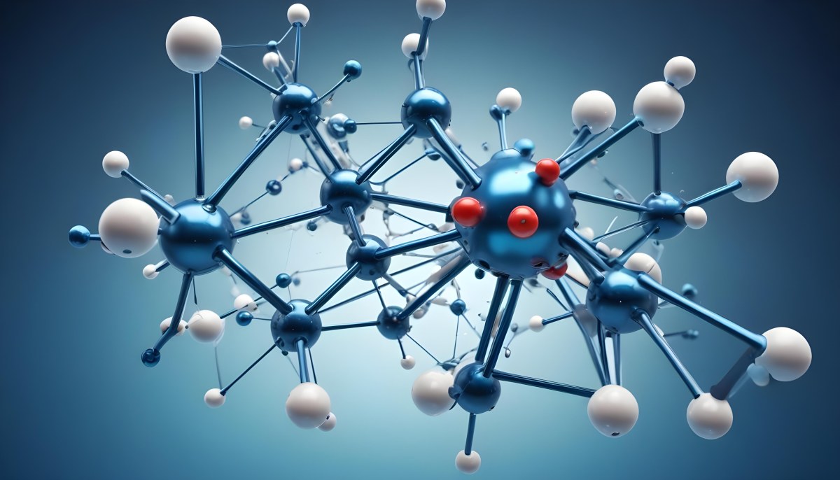 Molecular Structure With Interconnected Spheres And Rods Showcasing A Complex Network Of Atoms In A Scientific Or Technological Context Blue Background 19 7142