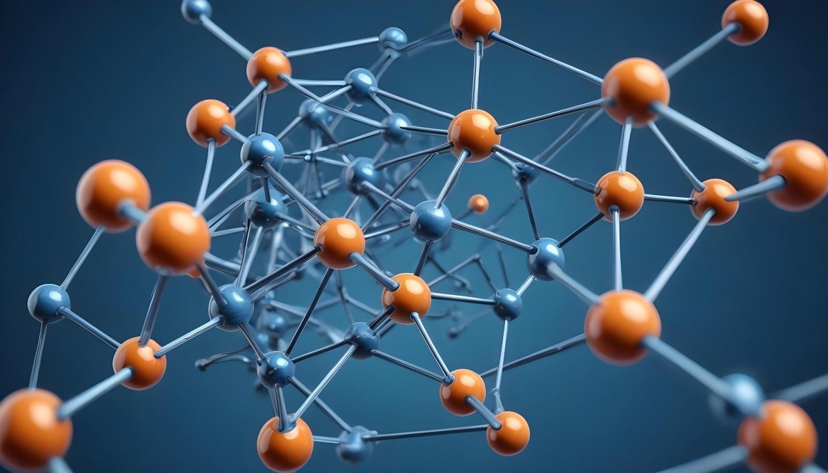 Molecular Structure With Interconnected Spheres And Rods Showcasing A Complex Network Of Atoms In A Scientific Or Technological Context Blue Background 23 7bb4