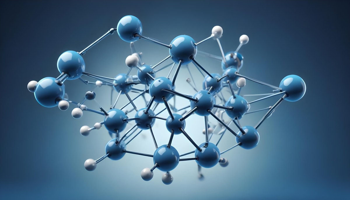 Molecular Structure With Interconnected Spheres And Rods Showcasing A Complex Network Of Atoms In A Scientific Or Technological Context Blue Background 28 3e4e