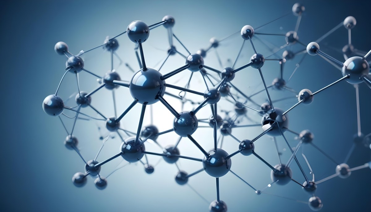Molecular Structure With Interconnected Spheres And Rods Showcasing A Complex Network Of Atoms In A Scientific Or Technological Context Blue Background 3 6de7