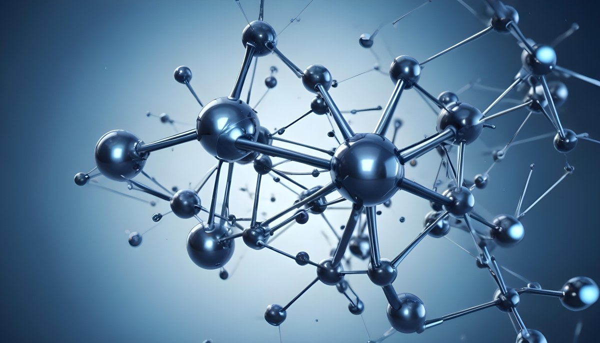 Molecular Structure With Interconnected Spheres And Rods Showcasing A Complex Network Of Atoms In A Scientific Or Technological Context Blue Background 31 E5a1